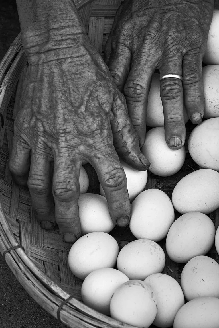 Hands of an old Vietnamese woman touching eggs