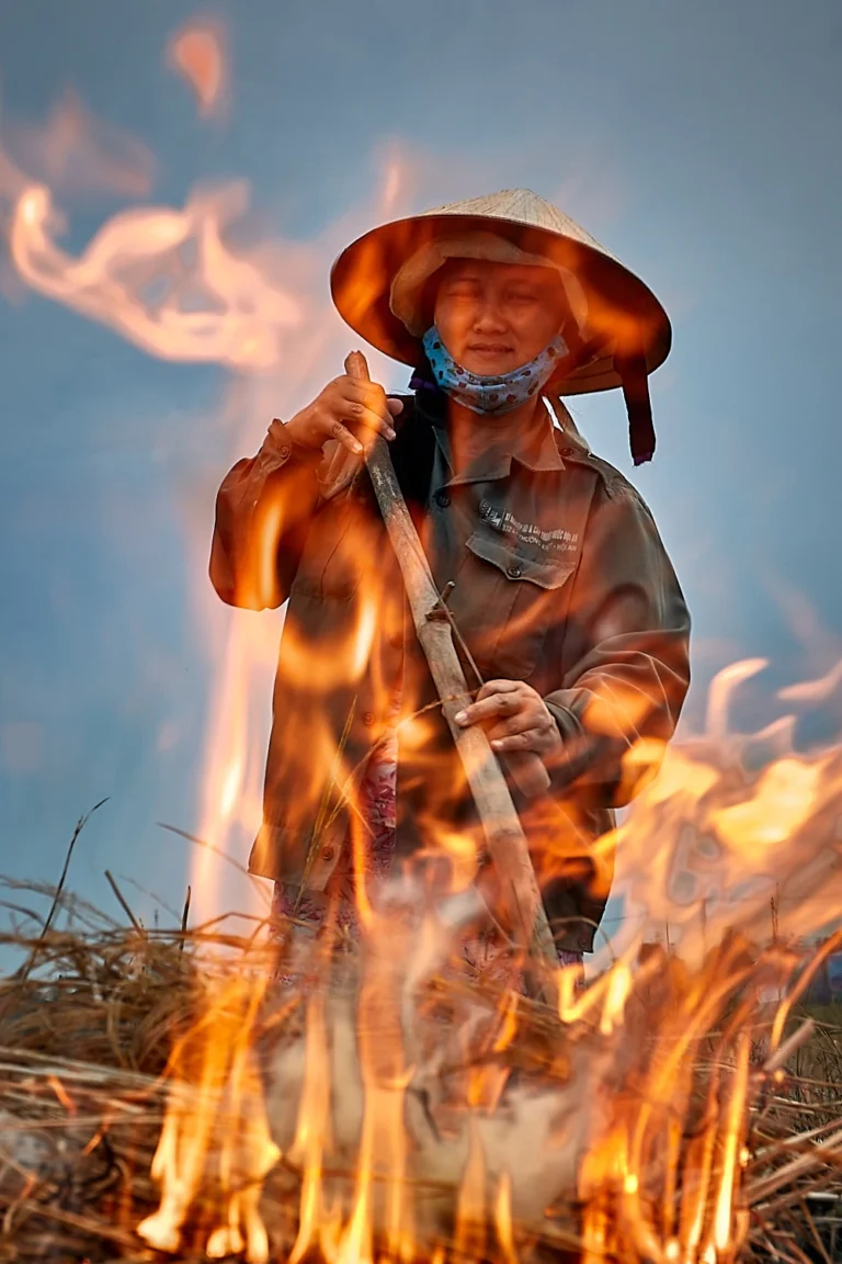 Vietnamese woman behind flames of a burning field