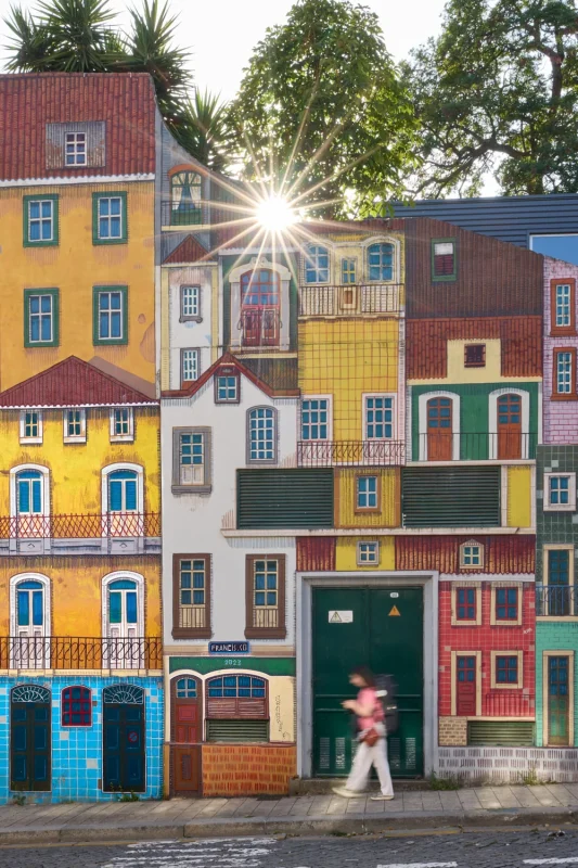 Houses painted on a wall in Porto, with a woman passing by.